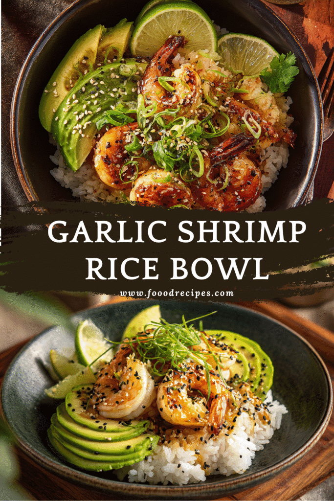 Garlic Shrimp Rice Bowl with avocado, rice, lime, and sesame seeds