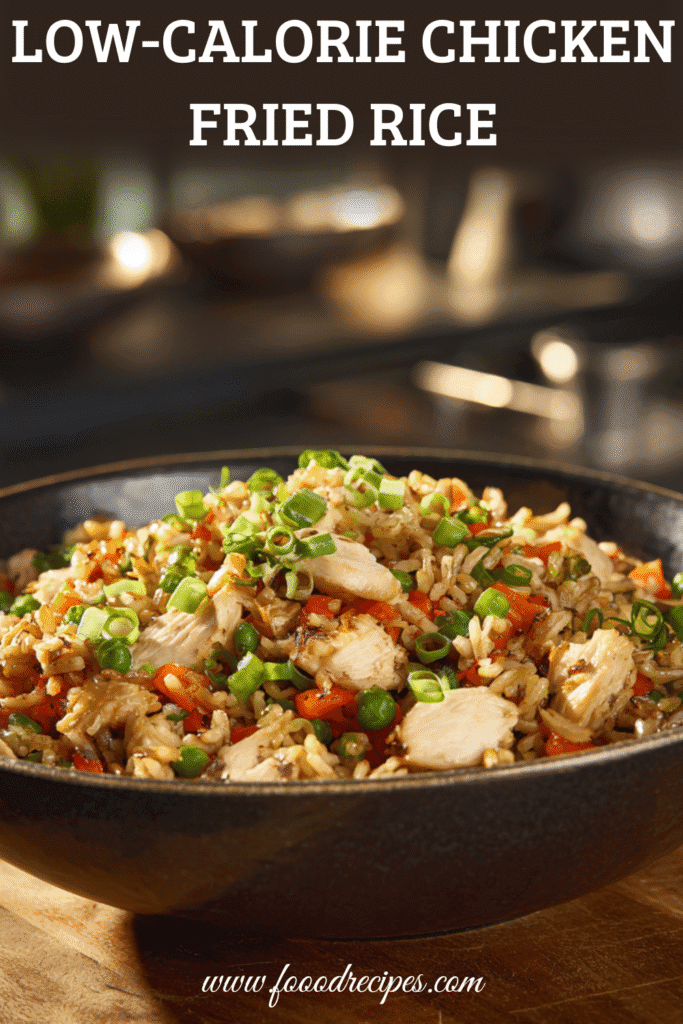 Low Calorie Fried Rice with Chicken in black bowl with vegetables and green onions