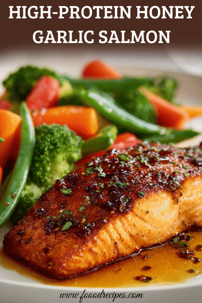 High Protein Honey Garlic Salmon served with steamed broccoli, carrots, and green beans in a healthy dinner bowl.