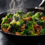 high protein turkey stir fry with broccoli in skillet
