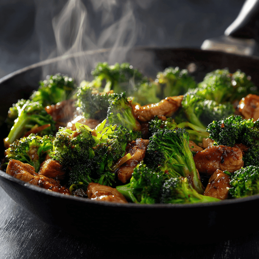 high protein turkey stir fry with broccoli in skillet
