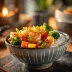Garlic Shrimp Rice Bowl with veggies