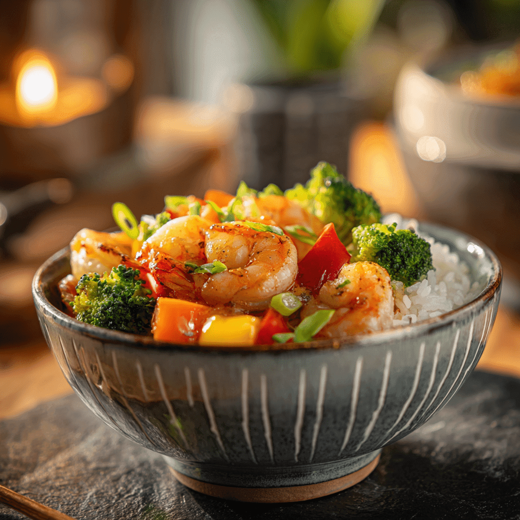 Garlic Shrimp Rice Bowl with veggies