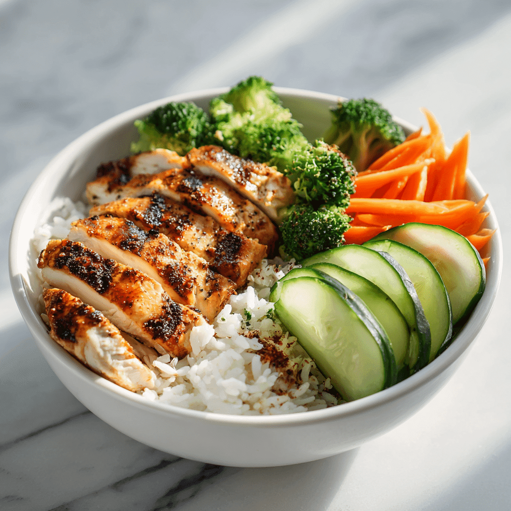 healthy chicken and white rice power bowl