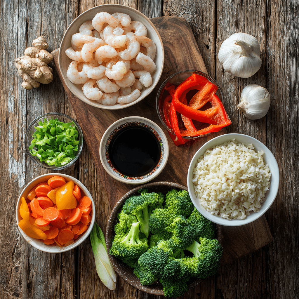Ingredients for Garlic Shrimp Rice Bowl