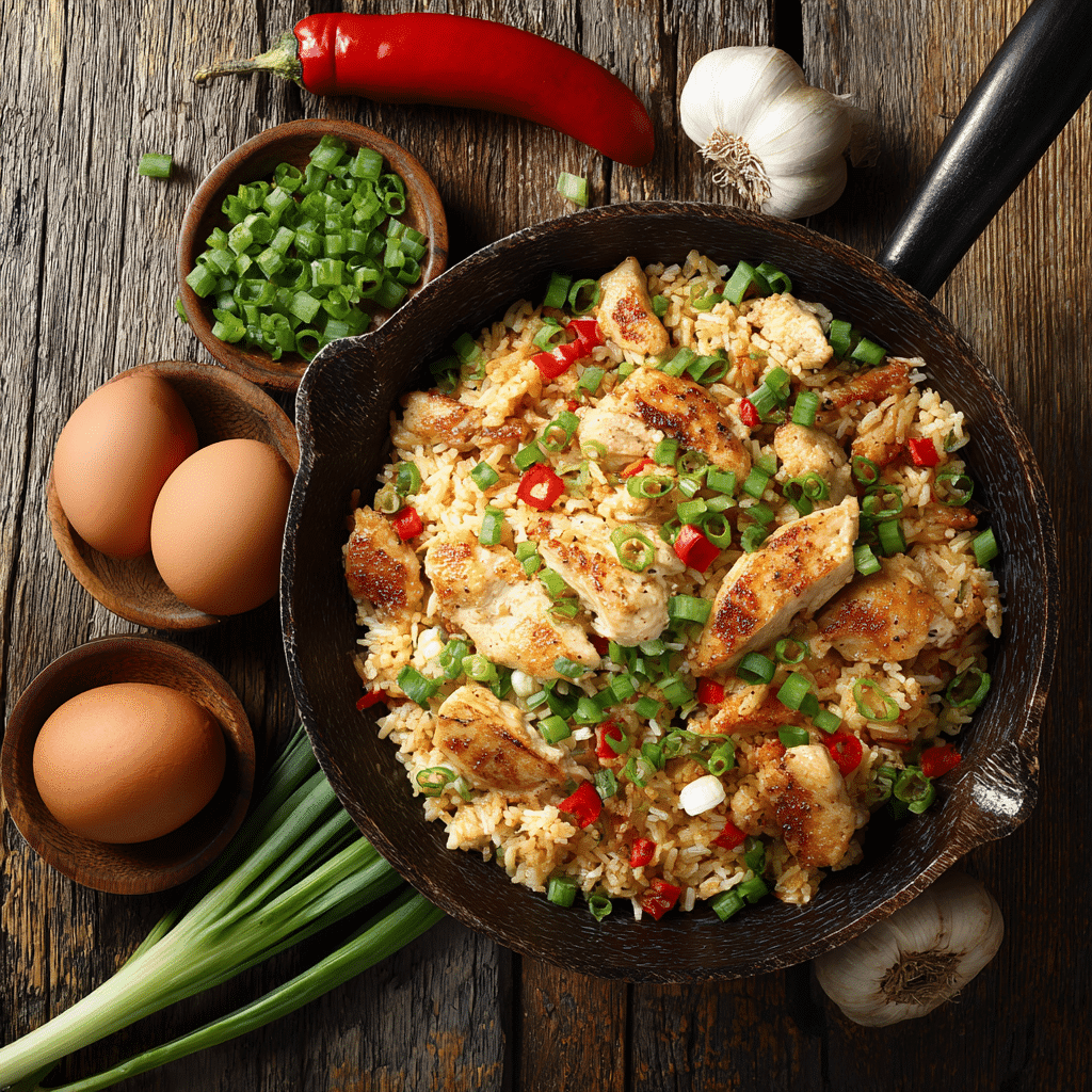 low calorie fried rice with chicken in bowl