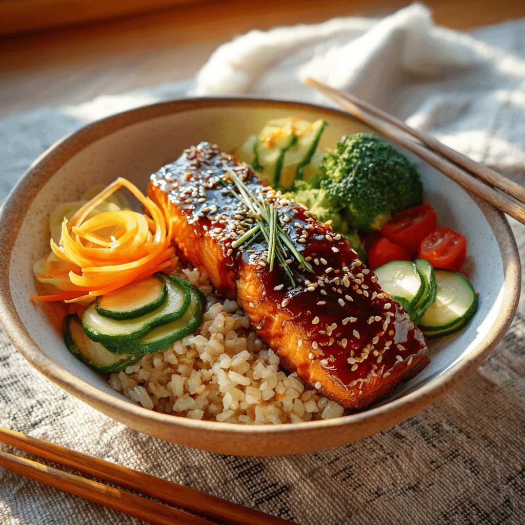 Salmon Teriyaki Brown Rice Bowl fresh and healthy