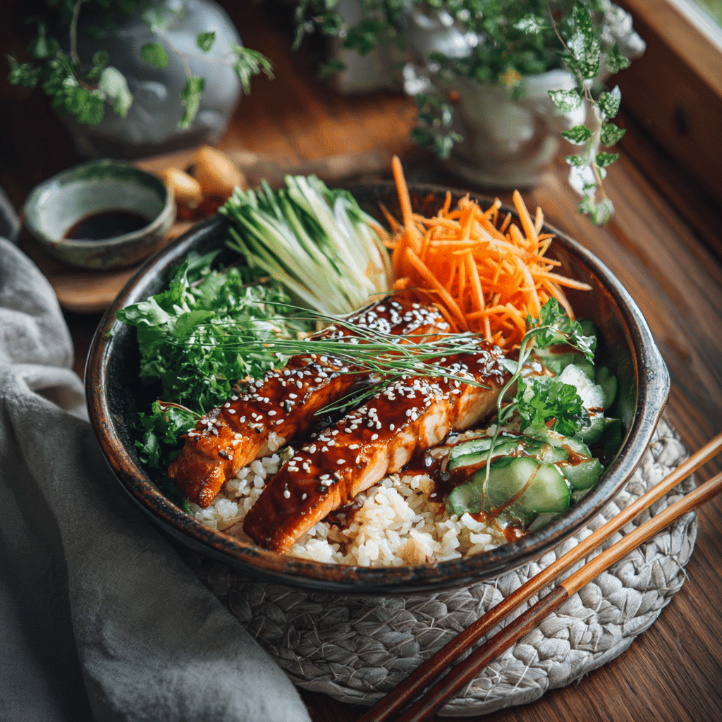 Salmon Teriyaki Brown Rice Bowl served fresh and ready