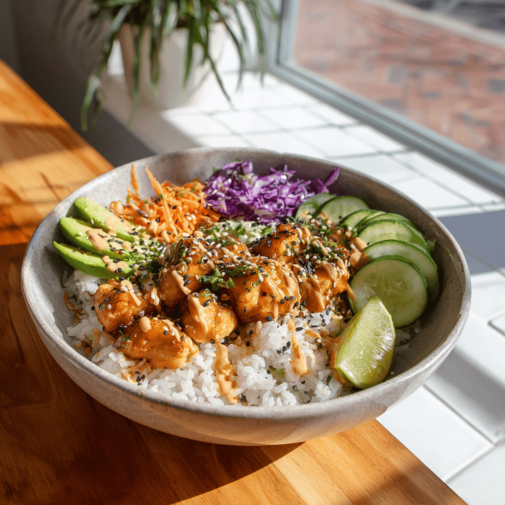 serving healthy chicken and white rice power bowl

