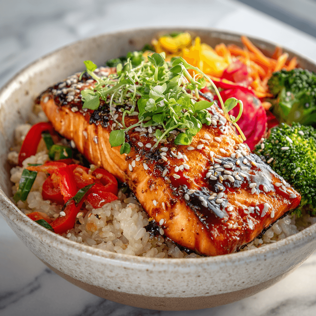healthy chicken and white rice power bowl