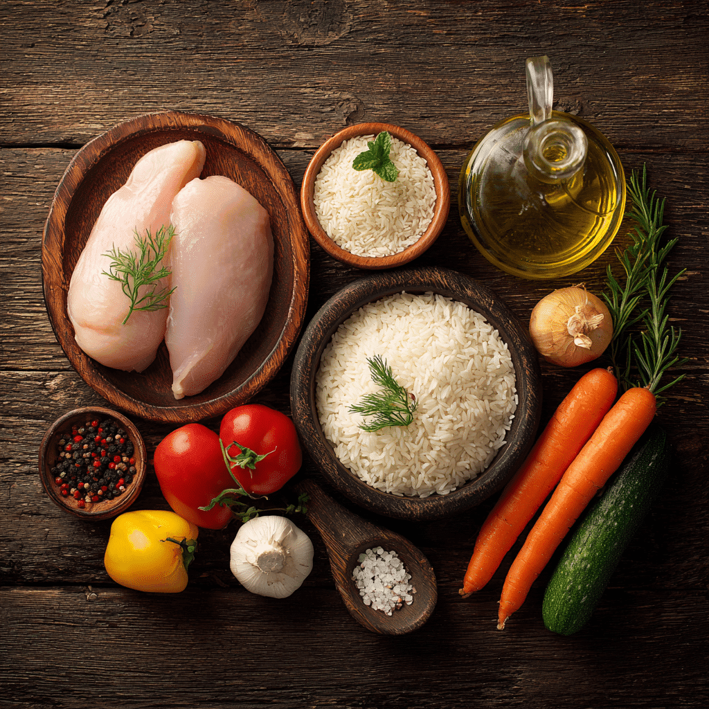 ingredients for healthy chicken and white rice power bowl