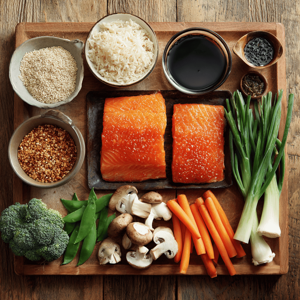 Ingredients for Salmon Teriyaki Brown Rice Bowl